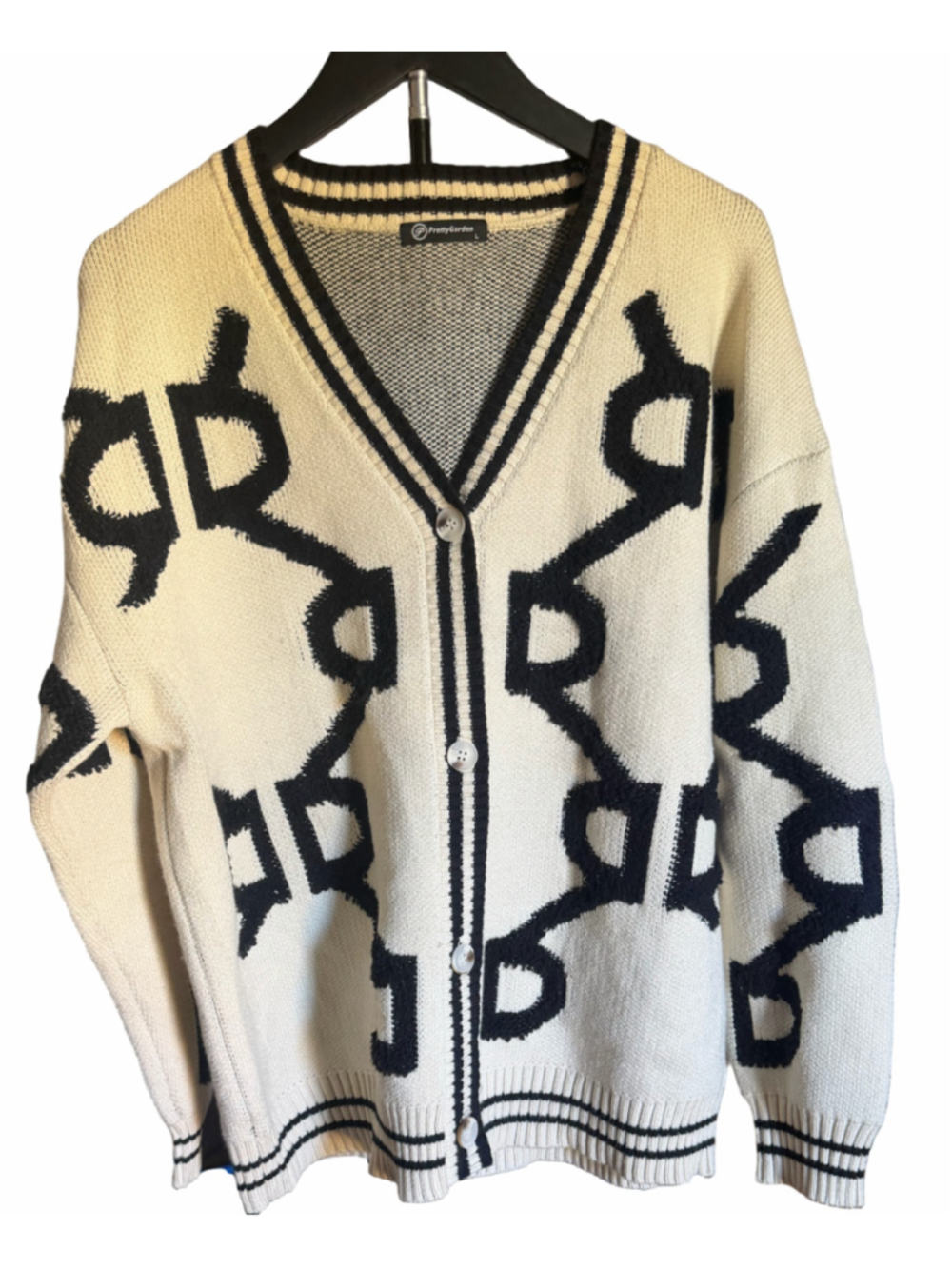 PrettyGarden Cream & Black Graphic Button Front Cardigan Sweater Sz L
